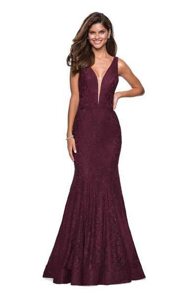 La Femme - 27464 Deep V-neck Stretch Lace Trumpet Dress Special Occasion Dress