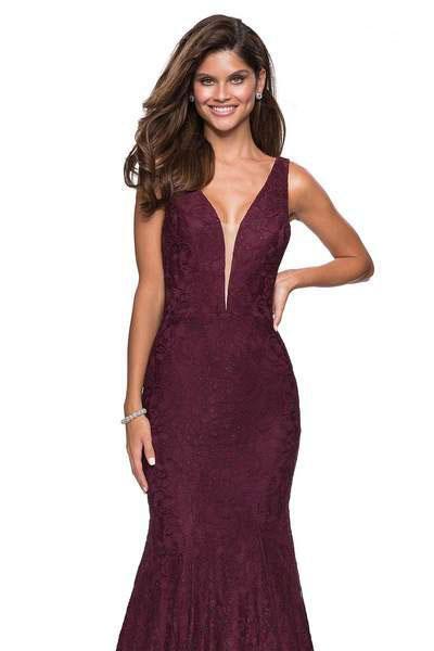 La Femme - 27464 Deep V-neck Stretch Lace Trumpet Dress Special Occasion Dress