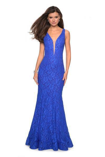 La Femme - 27464 Deep V-neck Stretch Lace Trumpet Dress Special Occasion Dress