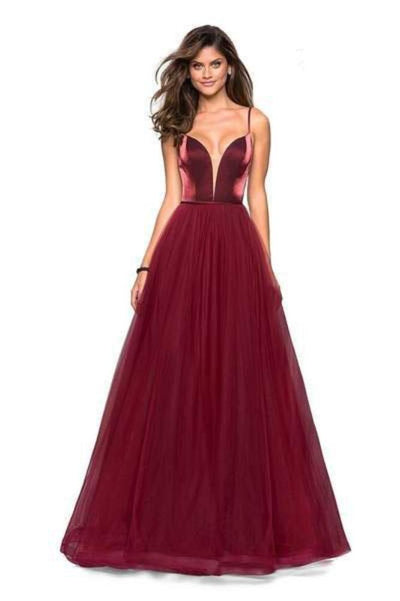 La Femme - 27485 Two Tone Deep V-neck Satin Tulle A-line Dress Special Occasion Dress 00 / Burgundy