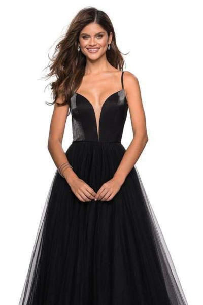 La Femme - 27485 Two Tone Deep V-neck Satin Tulle A-line Dress Special Occasion Dress