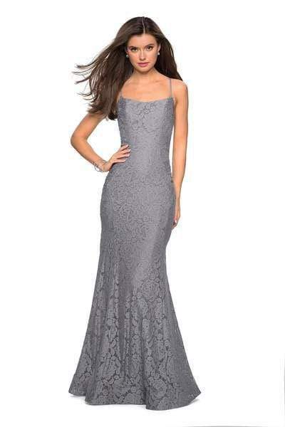 La Femme - 27565 Allover Lace Sleeveless Strappy Back Mermaid Gown Special Occasion Dress 00 / Gunmetal