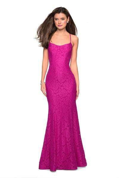 La Femme - 27565 Allover Lace Sleeveless Strappy Back Mermaid Gown Special Occasion Dress 00 / Hot Pink