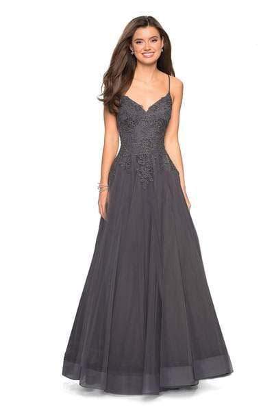 La Femme - 27569 Floral Embellished V-Neck Ballgown Special Occasion Dress 00 / Gunmetal