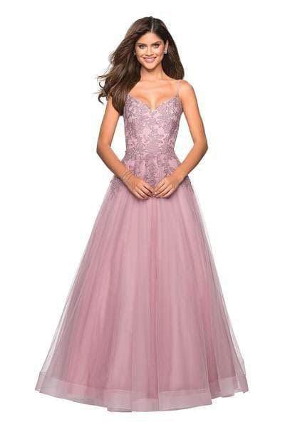 La Femme - 27569 Floral Embellished V-Neck Ballgown Special Occasion Dress 00 / Mauve