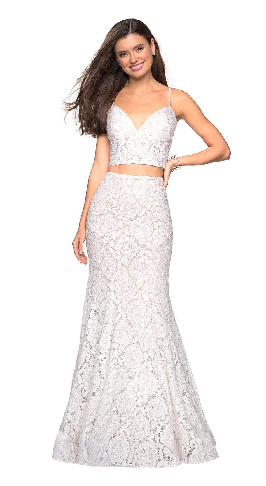 La Femme - 27589 Two Piece Lace Stretch Jersey Mermaid Dress Evening Dresses 00 / White