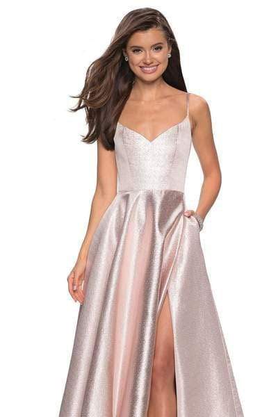 La Femme - 27619 Metallic A-Line High Slit Gown Prom Dresses