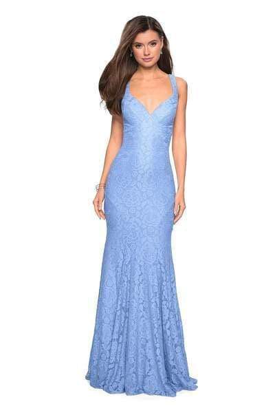 La Femme - 27623 Strappy Low Back Lace Mermaid Gown Special Occasion Dress 00 / Cloud Blue