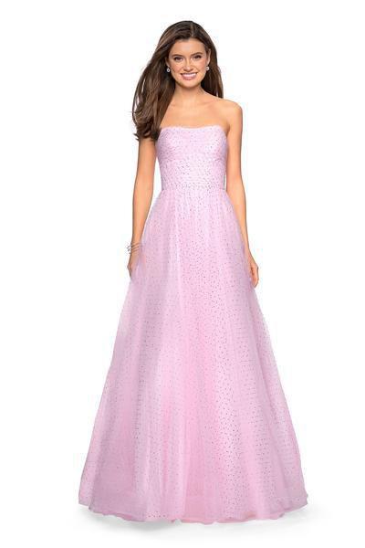 La Femme - 27630 Strapless Ruched Bodice Rhinestone Beaded Tulle Gown Special Occasion Dress 00 / Light Pink