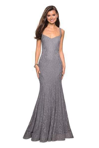 La Femme - 27709 Floral V-Neck Fitted Trumpet Evening Dress Special Occasion Dress 00 / Gunmetal