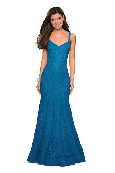 La Femme - 27709 Floral V-Neck Fitted Trumpet Evening Dress Special Occasion Dress 00 / Teal