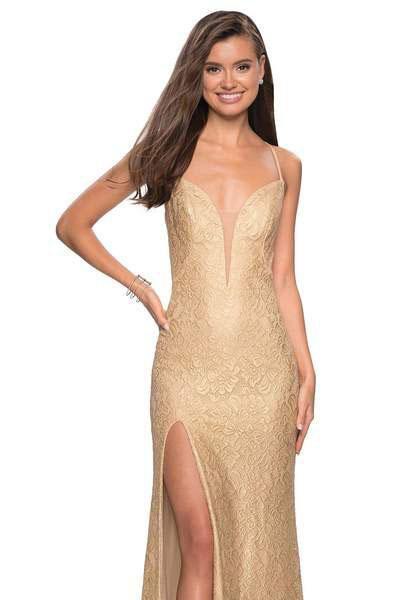 La Femme - 27725 Lace Embellished Deep V-neck Trumpet Dress Special Occasion Dress