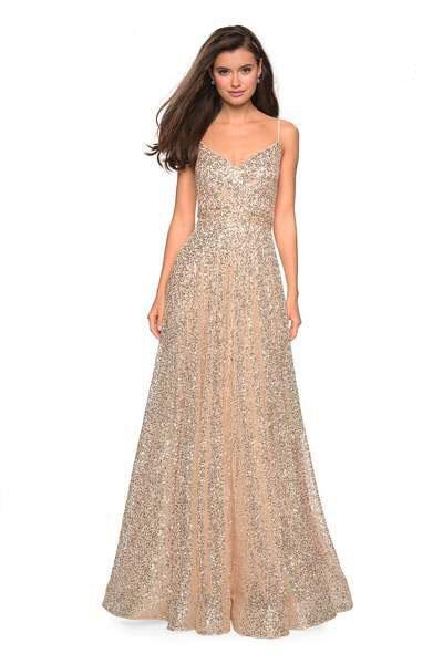 La Femme - 27747 Sequined V-neck A-line Dress Special Occasion Dress 00 / Gold