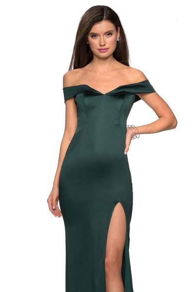 La Femme - 27752 Off Shoulder High Slit Long Fitted Satin Dress Special Occasion Dress 00 / Emerald