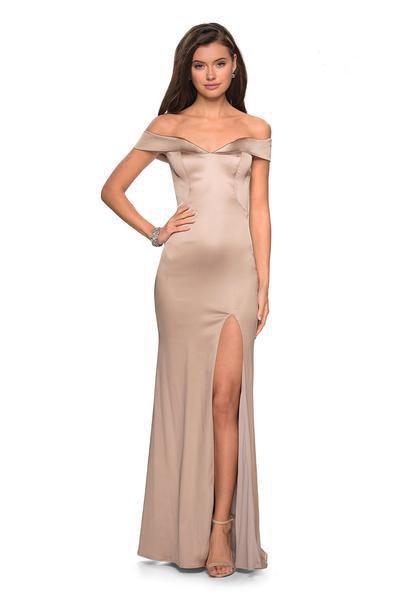 La Femme - 27752 Off Shoulder High Slit Long Fitted Satin Dress Special Occasion Dress 00 / Nude