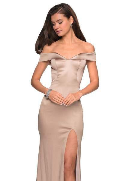 La Femme - 27752 Off Shoulder High Slit Long Fitted Satin Dress Special Occasion Dress