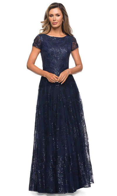 La Femme - 27837 Sequined Lace Bateau A-line Dress Mother of the Bride Dresses 4 / Navy