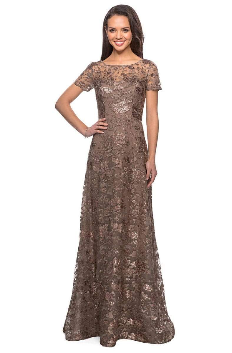 La Femme - 27839 Floral Adorned Illusion Bateau Long Gown Mother of the Bride Dresses 2 / Cocoa