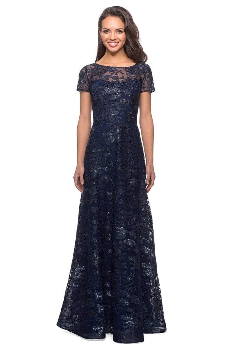 La Femme - 27839 Floral Adorned Illusion Bateau Long Gown Mother of the Bride Dresses 2 / Navy