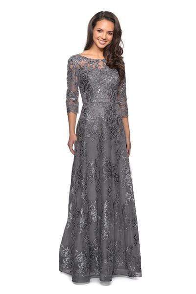 La Femme - 27885 Lace Quarter Length Sleeve Bateau A-line Dress Mother of the Bride Dresses 2 / Platinum