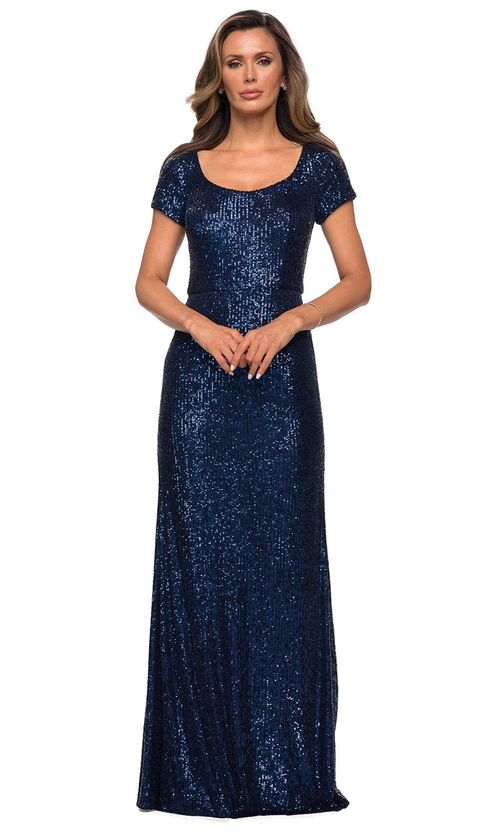 La Femme - 27916 Allover Sequins Short Sleeve Evening Gown Mother of the Bride Dresses 2 / Navy