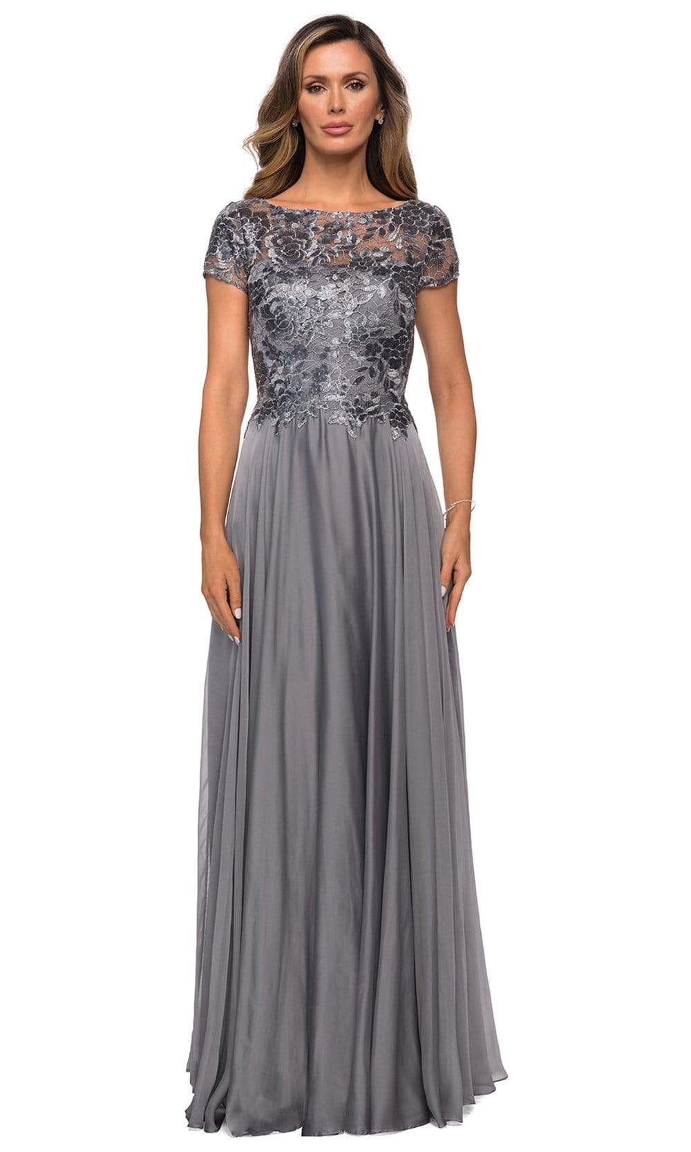 La Femme - 27924 Sequined Lace Bodice A-Line Dress Mother of the Bride Dresses 4 / Platinum