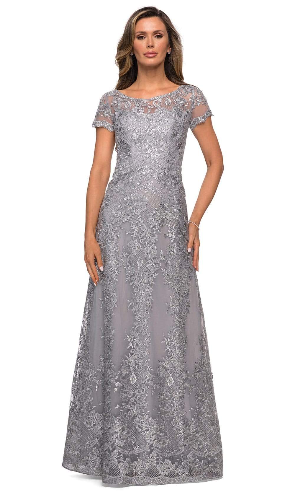 La Femme - 27935 Illusion Neckline Beaded Lace Ornate A-Line Gown Mother of the Bride Dresses 2 / Silver