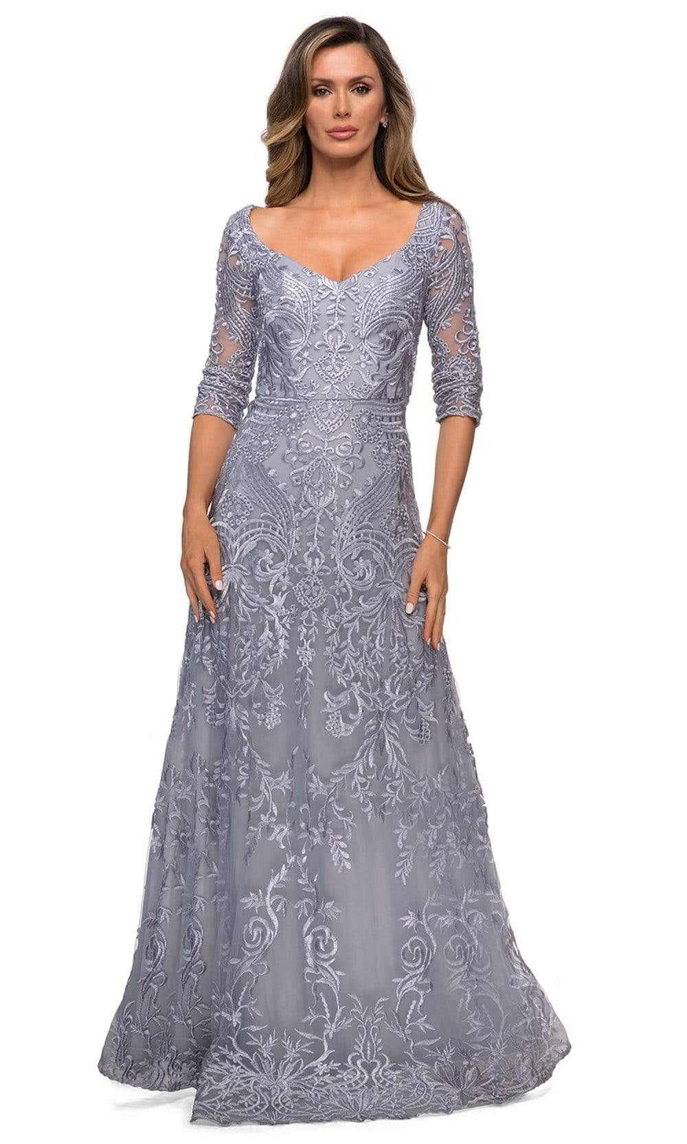 La Femme 27949 - Long A Line Dress - Lace, Elbow Length Sleeves, Embroidery, Lined , Back Zipper Closure, Flared Hemline 10 / Silver La Femme 27949 - Long A Line Dress - Lace, Elbow Length Sleeves, Embroidery, Lined , Back Zipper Closure, Flared Hemline 10 / Silver