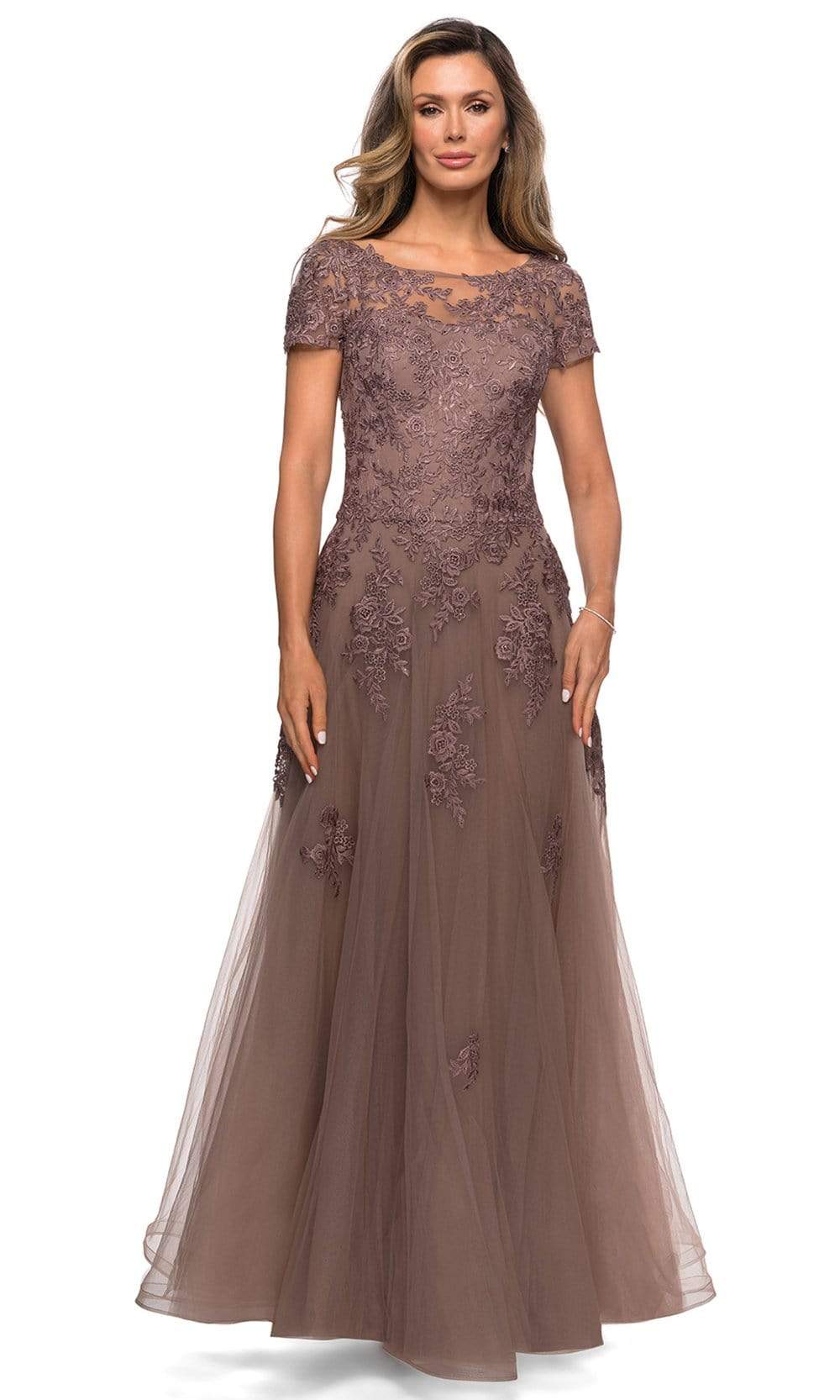 La Femme - 27958 Embroidered Short Sleeve Tulle A-Line Dress Mother of the Bride Dresses 2 / Cocoa