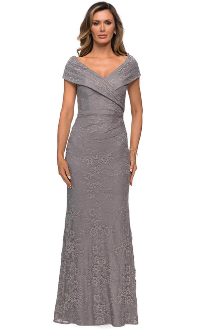 La Femme - 27982 V Neck Off Shoulder Knit Lace Sheath Long Dress Mother of the Bride Dresses 2 / Platinum