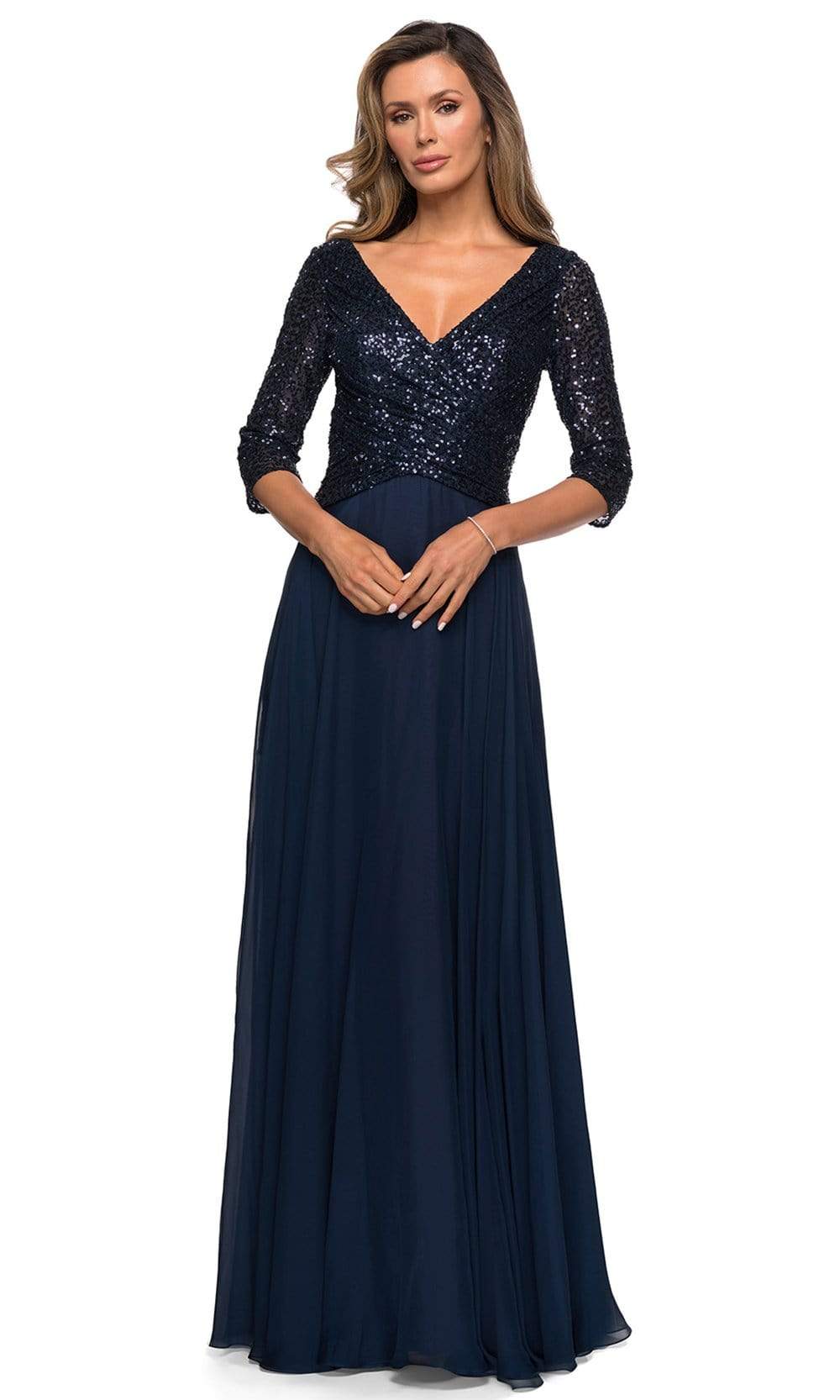 La Femme - 27998 V Neck Quarter Length Sleeves A-Line Long Gown Mother of the Bride Dresses 4 / Navy