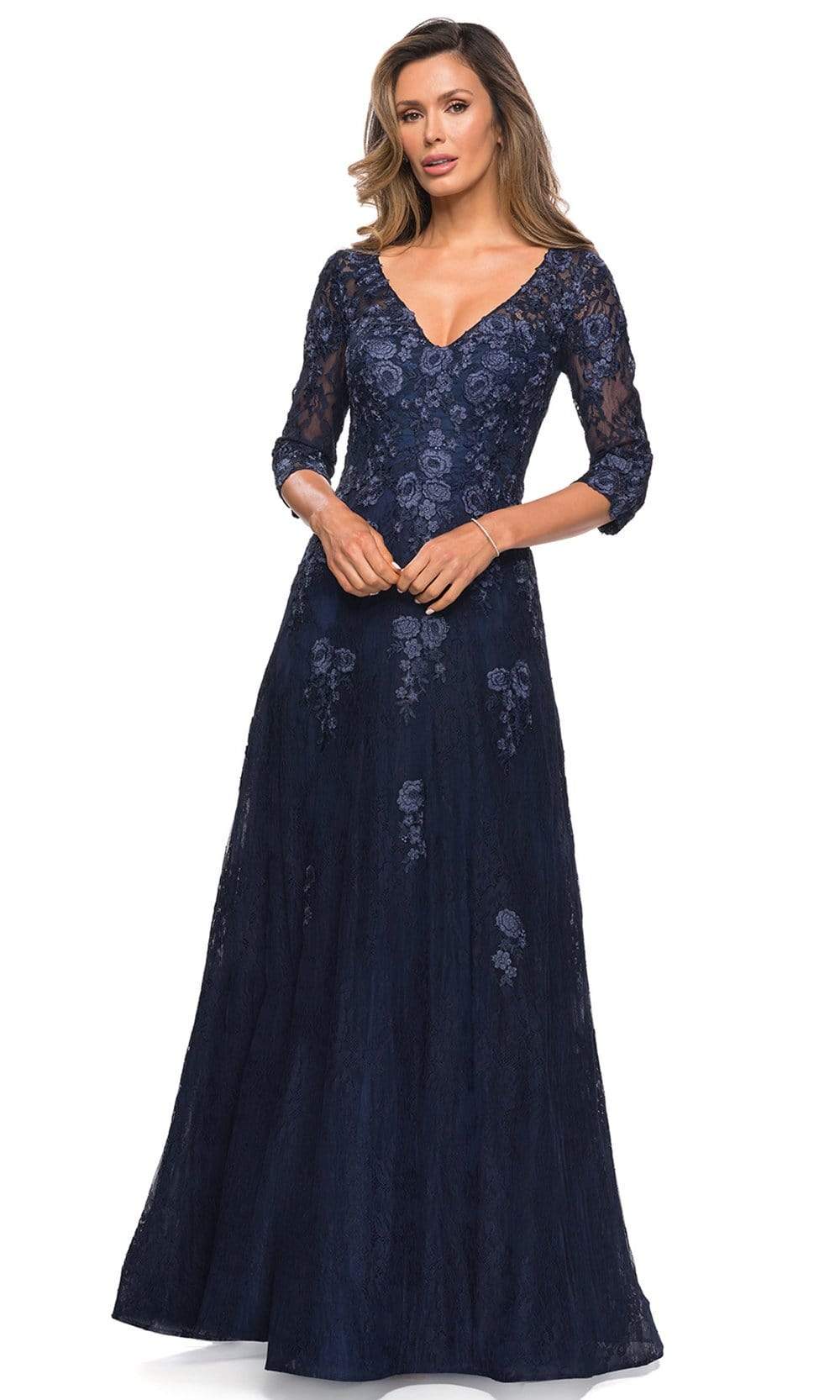 La Femme - 28000 V Neck Floral Lace A-Line Long Gown Mother of the Bride Dresses