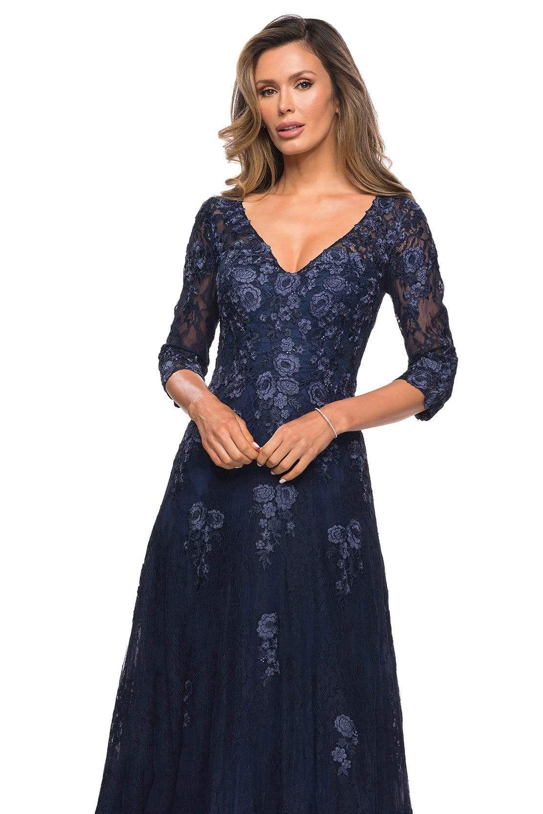 La Femme - 28000 V Neck Floral Lace A-Line Long Gown Mother of the Bride Dresses
