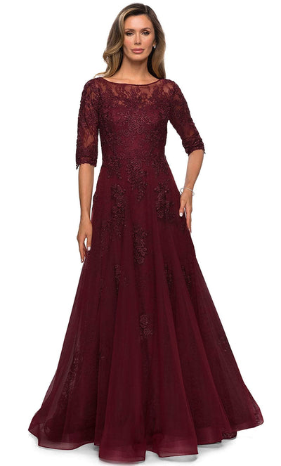 La Femme - 28036 Quarter Length Sleeve Floral Lace A-Line Gown Mother of the Bride Dresses 2 / Burgundy