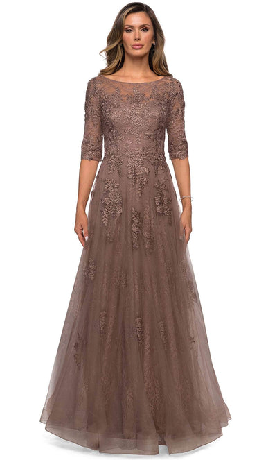 La Femme - 28036 Quarter Length Sleeve Floral Lace A-Line Gown Mother of the Bride Dresses 2 / Cocoa