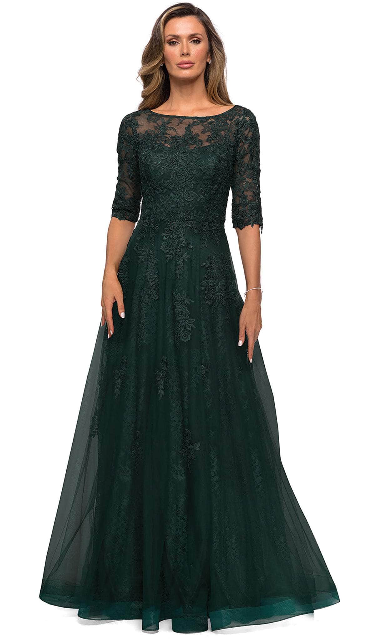 La Femme - 28036 Quarter Length Sleeve Floral Lace A-Line Gown Mother of the Bride Dresses 2 / Emerald