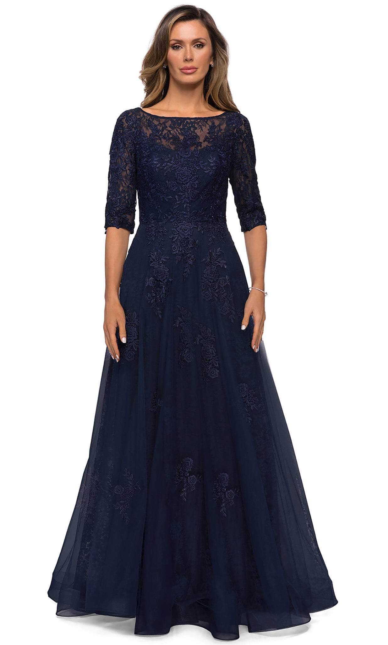 La Femme - 28036 Quarter Length Sleeve Floral Lace A-Line Gown Mother of the Bride Dresses 2 / Navy