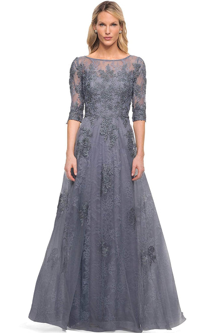 La Femme - 28036 Quarter Length Sleeve Floral Lace A-Line Gown Mother of the Bride Dresses 2 / Slate