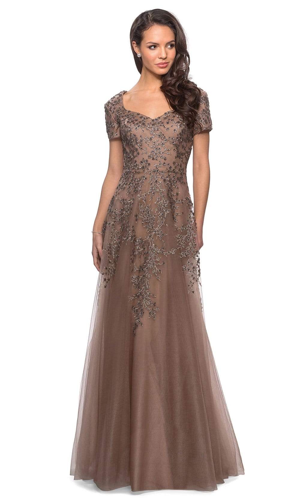 La Femme - 28037 Short Sleeve Beaded Appliqued Lace Dress Mother of the Bride Dresses 4 / Cocoa