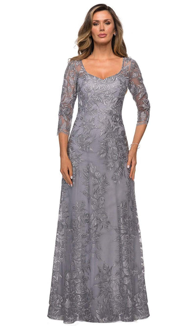 La Femme - 28053 Lace V Neck A-line Dress Mother of the Bride Dresses 4 / Silver