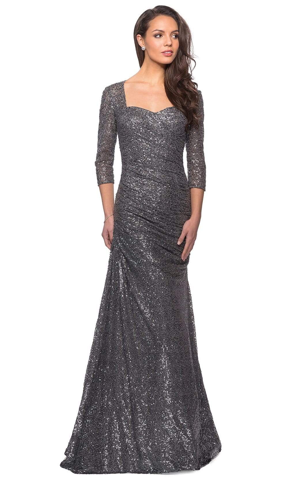 La Femme - 28065 Sequined Shirred Trumpet Dress Mother of the Bride Dresses 4 / Gunmetal