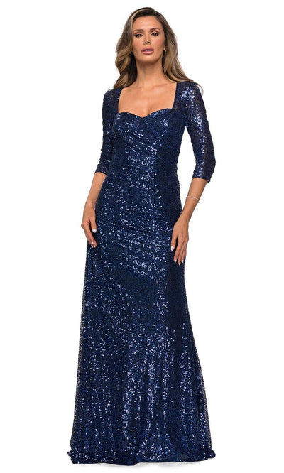 La Femme - 28065 Sequined Shirred Trumpet Dress Mother of the Bride Dresses 4 / Navy