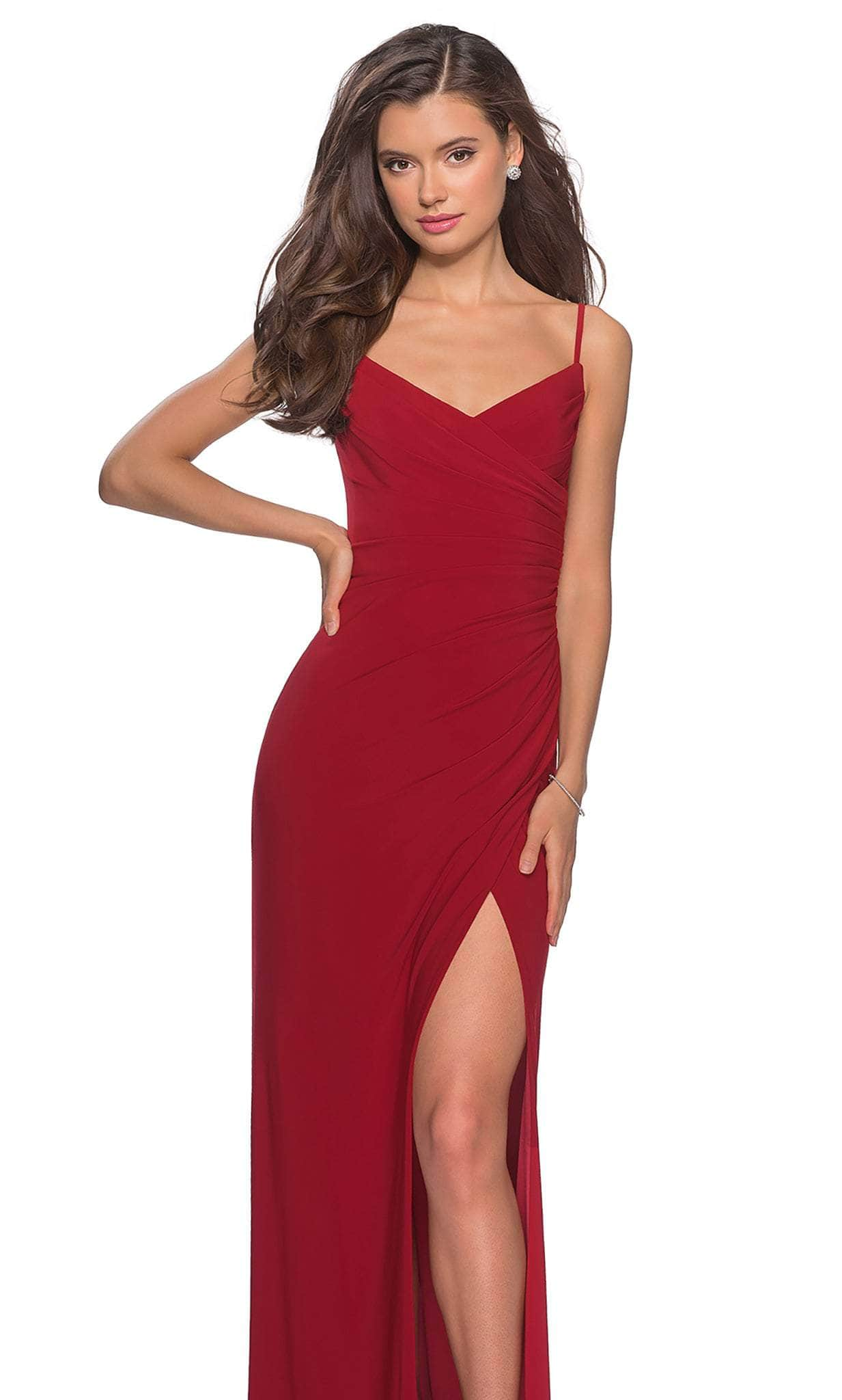 La Femme - 28079 Long Surplice High Slit Jersey Gown Evening Dresses