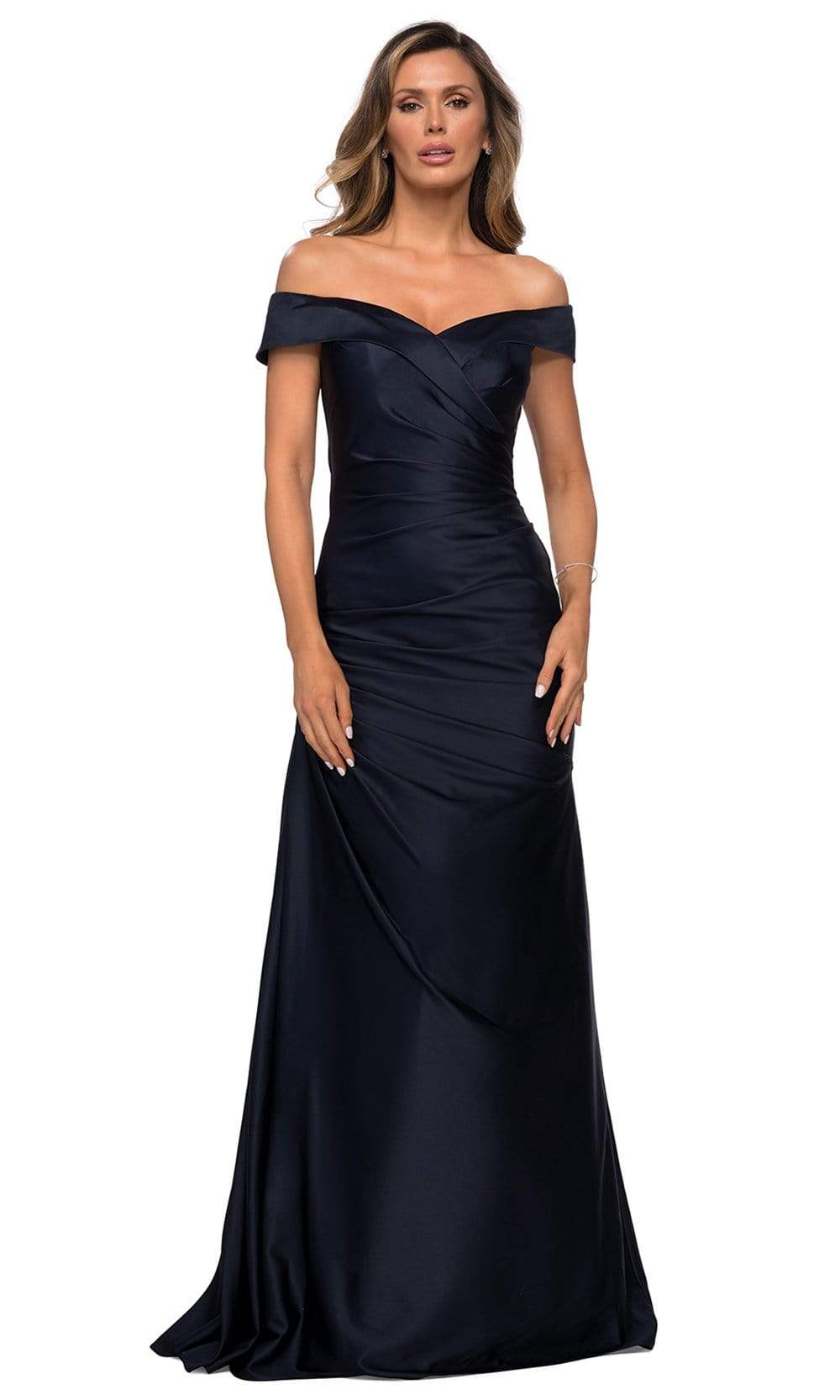 La Femme - 28103 Off Shoulder Pleated Satin Evening Gown Mother of the Bride Dresses 2 / Navy