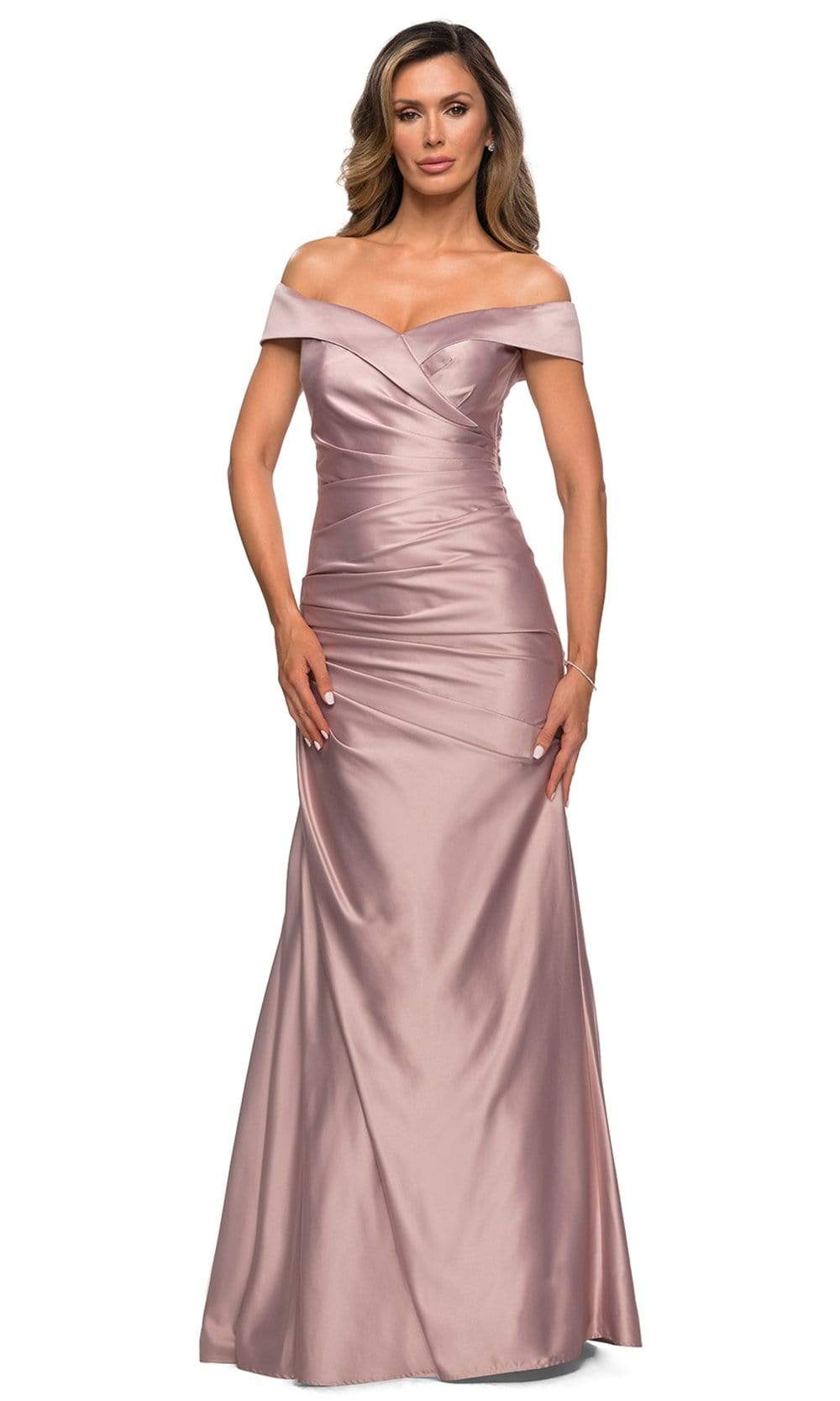La Femme - 28103 Off Shoulder Pleated Satin Evening Gown Mother of the Bride Dresses