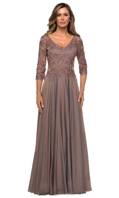 La Femme - 28106 Floral Lace Appliqued Bodice A-Line Gown Mother of the Bride Dresses 2 / Cocoa