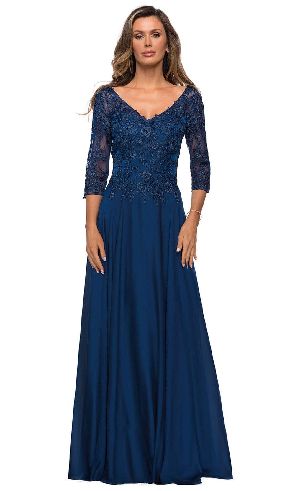 La Femme - 28106 Floral Lace Appliqued Bodice A-Line Gown Mother of the Bride Dresses 2 / Navy