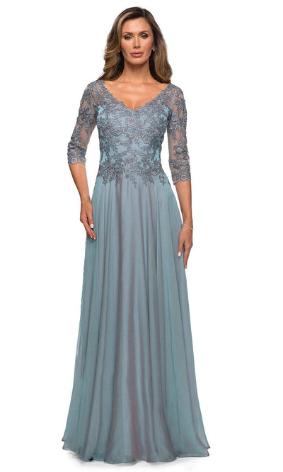 La Femme - 28106 Floral Lace Appliqued Bodice A-Line Gown Mother of the Bride Dresses 2 / Slate Blue