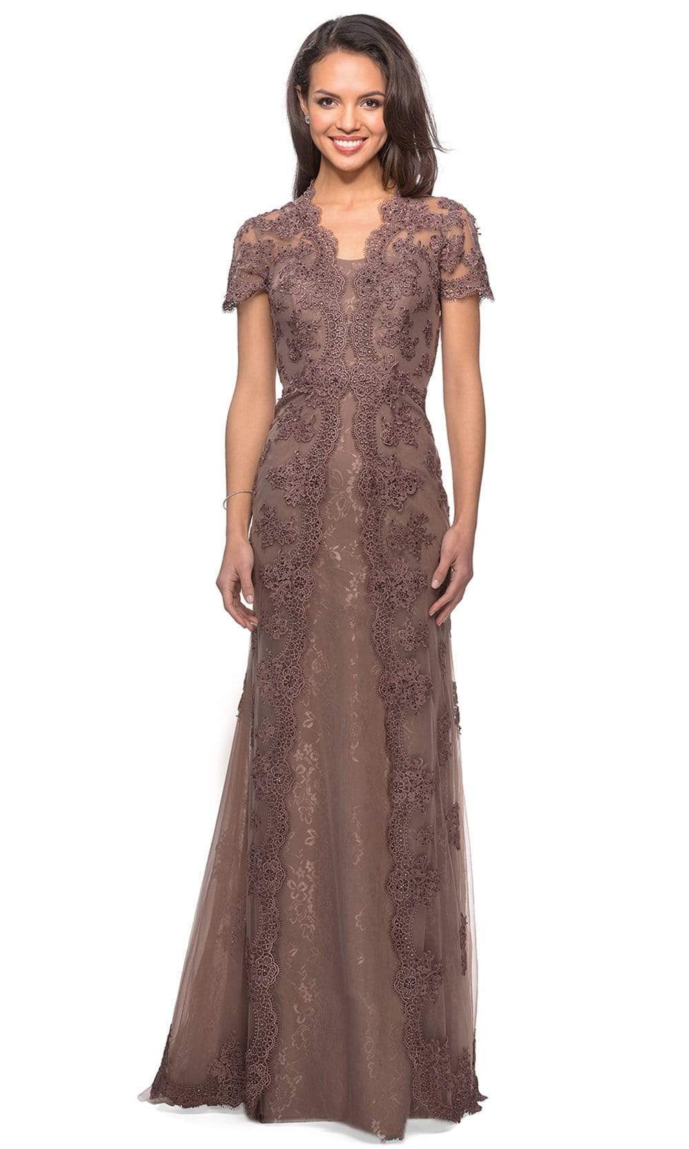 La Femme - 28195 Scallop Drape Lace Short Sleeve Dress Mother of the Bride Dresses 4 / Cocoa