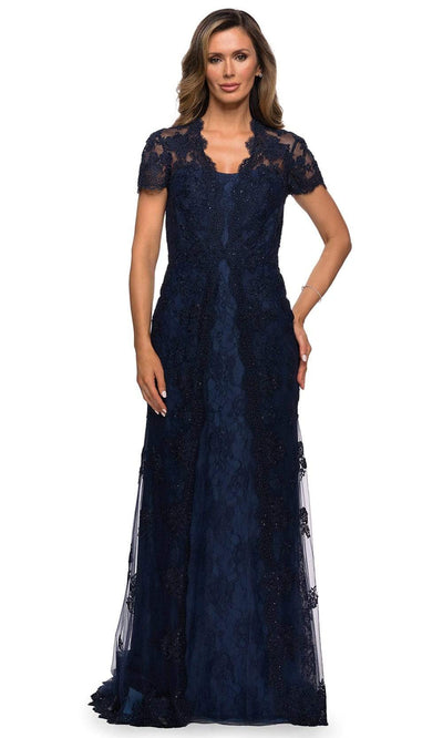 La Femme - 28195 Scallop Drape Lace Short Sleeve Dress Mother of the Bride Dresses 4 / Navy